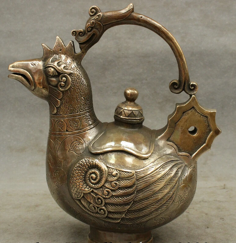 

S4805 9" Folk China Bronze Year Zodiac Cock Bird Statue Dragon Handle Teapots Wine Pot D0317