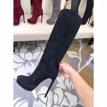 

2018 grey platform boots women zipper suede knee high boots warm autumn winter platform boots high heels shoes