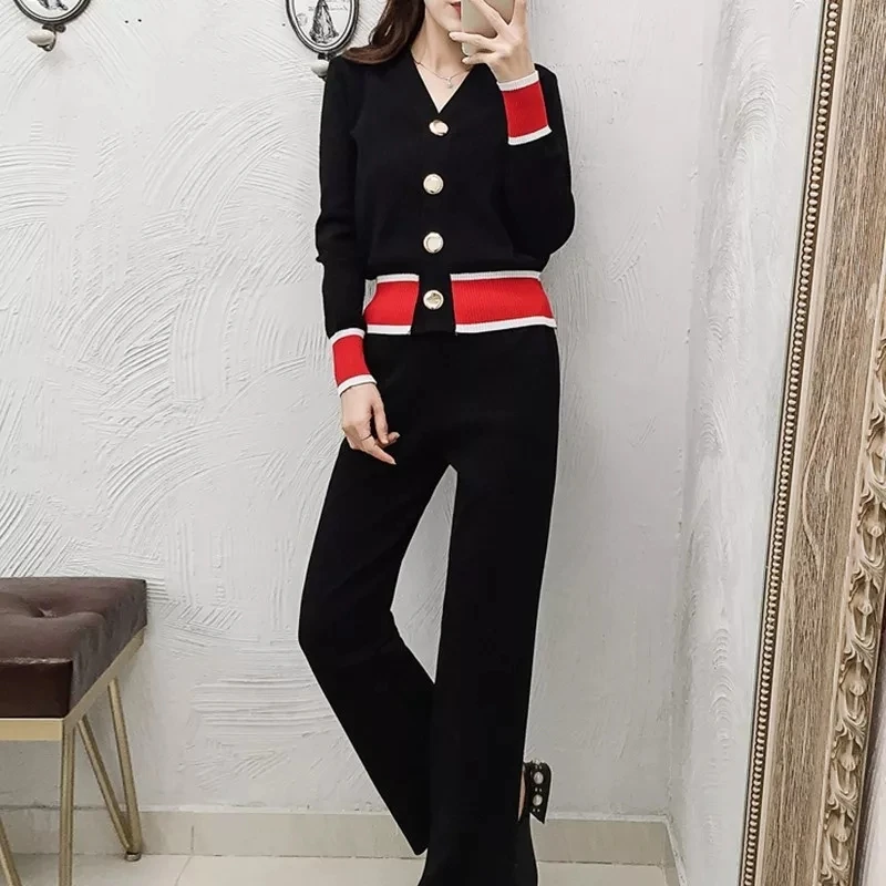 

2019 fall Elegant Hit Color Knitted Two Piece Set Single Breasted Cardigan Tops + Wide Leg Pant Women's Set Elastic Clothing