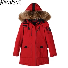 AYUNSUE женский толстый теплый зимний пуховик черный красный большой меховой воротник Женская парка военный Тонкий длинный пуховик ST511