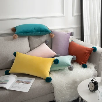 

50x30/40x60cm wool ball rectangle cushion cover lumbar pillowcase decorative velvet waist pillow cover throw pillow case