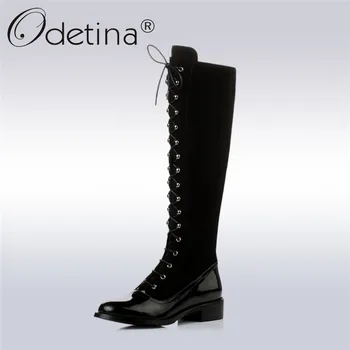 

Odetina 2018 New Fashion Cow Leather Knee High Boots Women Cross Tied Riding Boots Rivet Shoes Chunky Heels Lace Up Winter Shoes