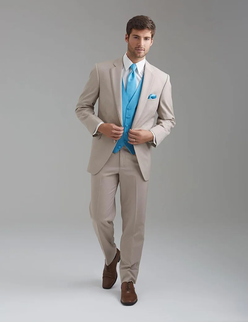 Gentleman Tuxedos Beige Groom Tuxedo With Sky Blue Vest Notch Lapel Men