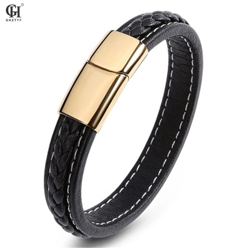 

Men's Stainless Steel Genuine Leather Bracelet Jewelry Punk Titanium Steel's Magnetic Buckle Cortex Bracelets Jewellery Gifts