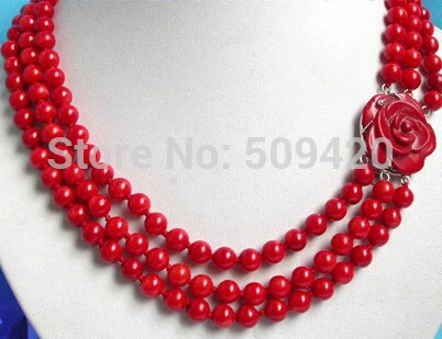 

Wholesale>>> Elegant! 3row round red coral necklace