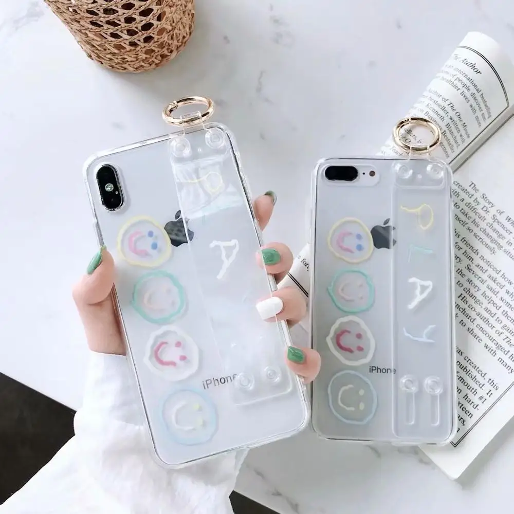 

FastDeng cute smile pattern wrist bracket phone case for iPhone 6 7 8 case Transparent soft TPU cover for iphone X XR XSMax case