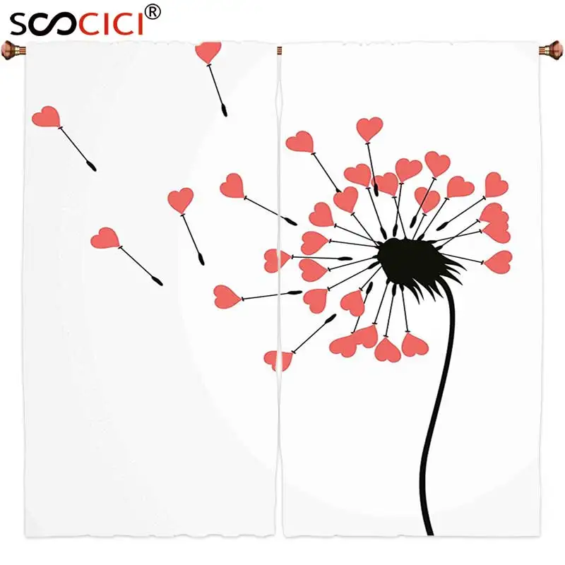 

Window Curtains Treatments 2 Panels,Modern Dandelion Petals Heart Florets Buds Romantic Spring Love Valentines Graphic Black