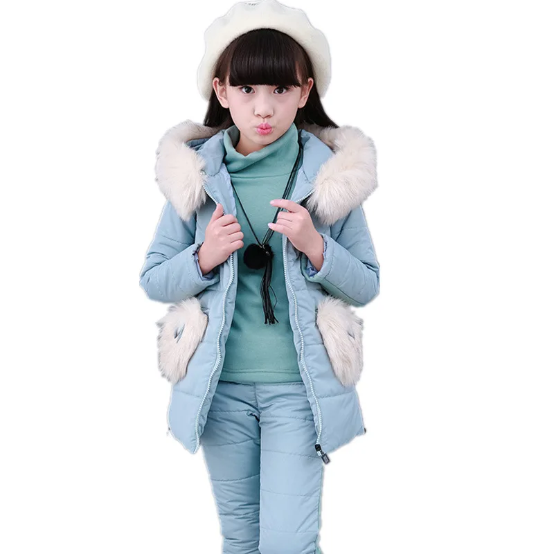 

Girl Winter Three-piece Fur Collar With Hood Cotton-padded Girl Clothes Warmth Coat Childern Clothes Girl Pants Warm Waistcoat
