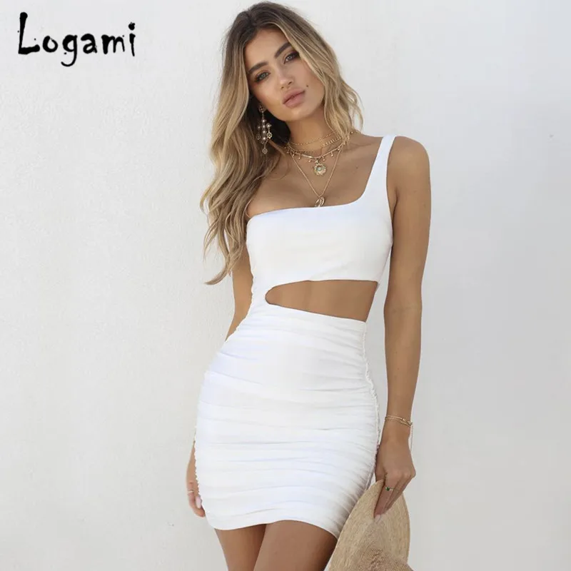 LOGAMI, сексуальное летнее платье на одно плечо, женское, без рукавов, с открытой спиной, Мини, облегающее платье, Дамское, элегантное, с запахом, Клубное, вечернее платье
