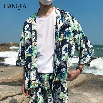 

Japanese Coconut Printed Kimono Jackets 2019 Mens Summer Beach 3/4 Sleeve Casual Streetwear Cardigan Fashion Thin Loose Outwear