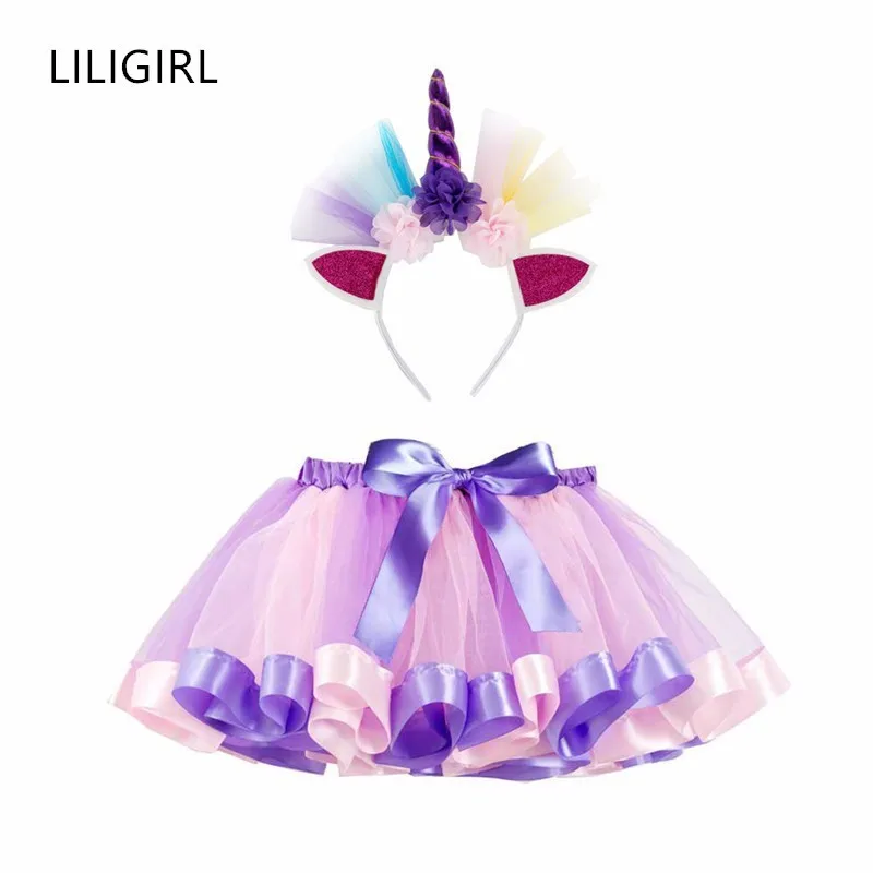 LILIGIRL повязка на голову "Единорог" Юбка-пачка принцессы Одежда для маленьких девочек с радугой детская праздничная одежда для детей юбки для девочек детское бальное платье - Color: Ali1435Q