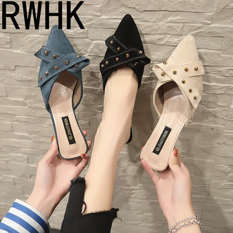 

RWHK 2019 summer new Korean version of suede pointed flat out wearing retro baotou lazy shoes female drag bowknot rivet B197