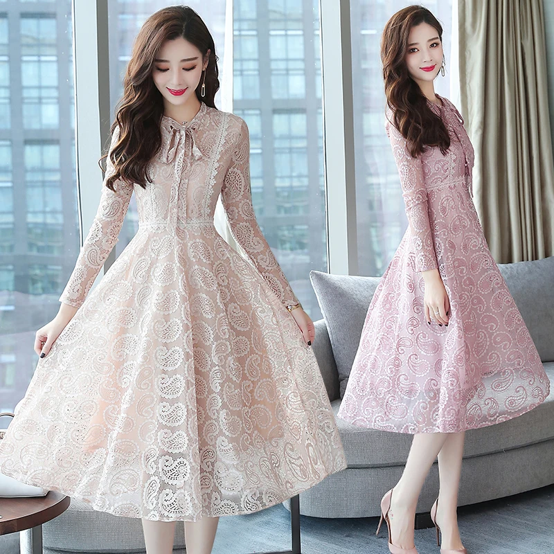 

2019 Autumn Winter New 2XL Plus Size Vintage Lace Black Midi Dresses Women Bodycon Pink Dress Party Long Sleeve Runway Vestidos