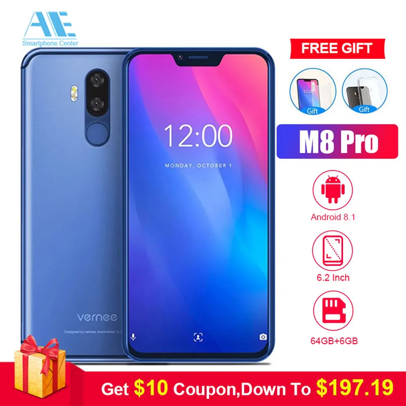 Vernee M8 Pro 6 2 ''notch Экран ГБ 64 Гб Смартфон Android 8 1 Octa core телефон 4100 мАч двойная камера
