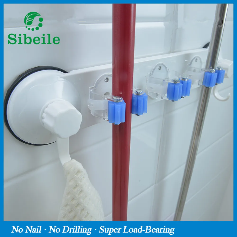 Kitchen Wall Mounted Hanger 3 Position Kitchen Storage Mop Broom Holder Tool Plastic Suction Cup Broom Holder Bathroom SBLE