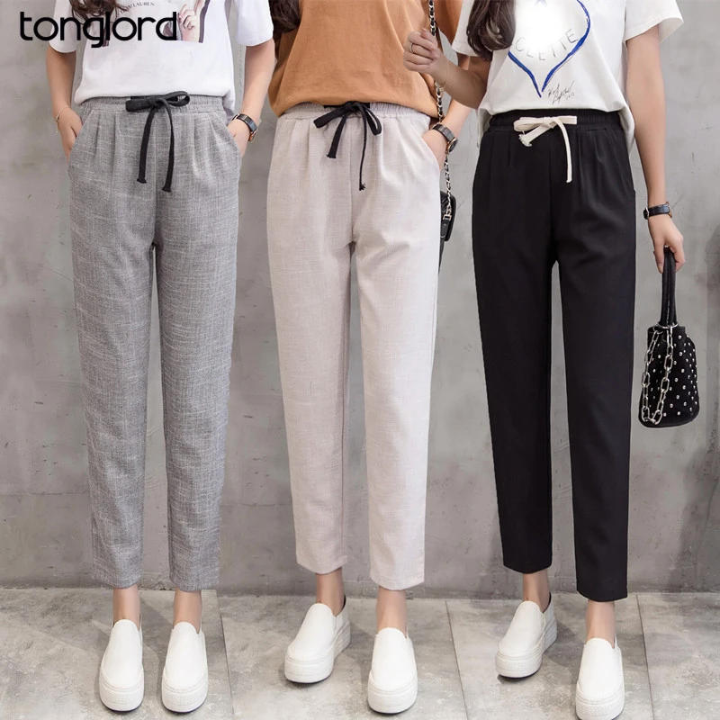 TongLord 2018 новые летние хлопковые льняные брюки женские классические с высокой эластичной талией шаровары женские тонкие однотонные брюки до