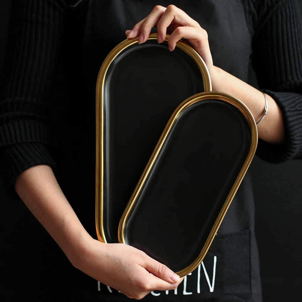 Gold Plating Ceramic Marble Storage Tray Black White Europe Food Fruit Breakfast Oval Plate Jewelry Tray Dessert Dish Decoration