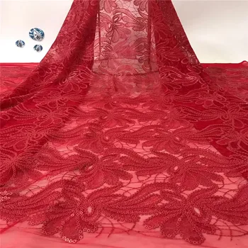 

Red Color French Net Lace Fabric 2019 Latest African Lace Fabric With Embroidery Mesh Tulle Lace Fabric with Sequins 5 Yards
