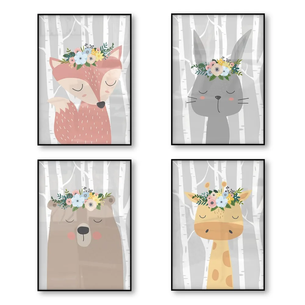 

Woodland Animals Children's Room Baby Room Poster Nursery Wall Art Canvas Print Fox Bear Rabbit Giraffe Forest Kids Room Wall