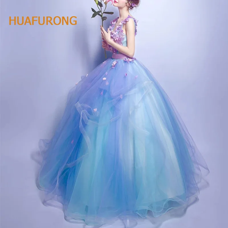 Huafurong индивидуальный заказ конфеты платье для празднования 15-летия голубого цвета синий Цветочная аппликация v-образным вырезом с длинным Пышное Платье с длинным для Girls16W