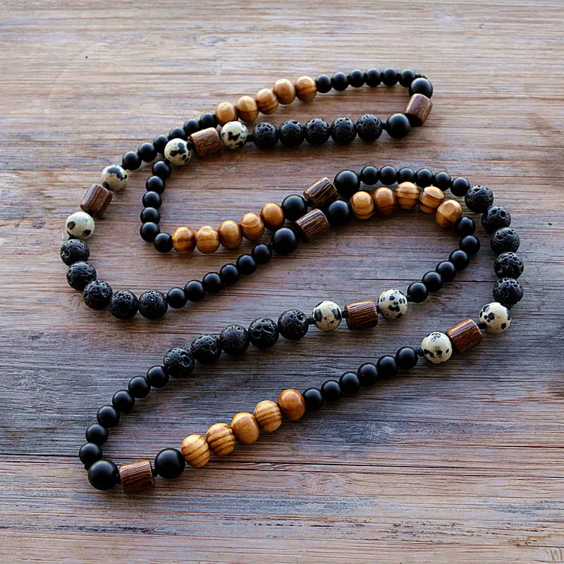 

Black Lava Rock Stone & wood bead necklace long necklace men women necklace