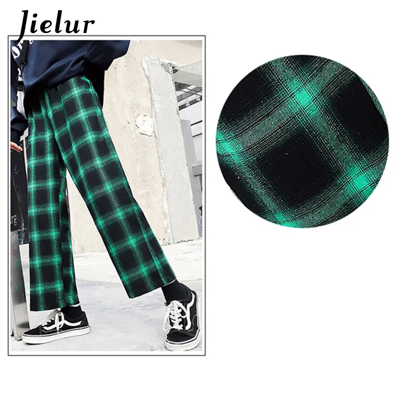 Jielur Ulzzang, корейские женские штаны,, Харадзюку, хип-хоп хипстер, свободные широкие штаны, черные клетчатые панталоны, женская уличная одежда, M-XL - Цвет: Зеленый