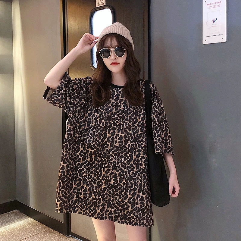 

Leopard T Shirt Women Summer Long T Shirts Short Sleeve Plus Size Casual Loose Tees Fashion Punk Hip Hop Tops