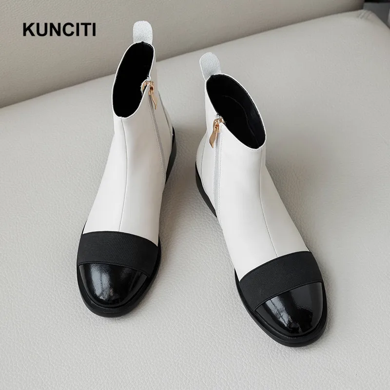 

2019 KUNCITI Round Toe Western Boots Women Patchwork Ladies Flat Ankle Shoes Spring Autumn Fashion Punk Boots High Quality D918