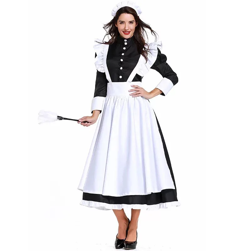 Royal Victorian Pioneer House Maid Costume Adult Women Colonial Cosplay Fancy Long Apron Dress