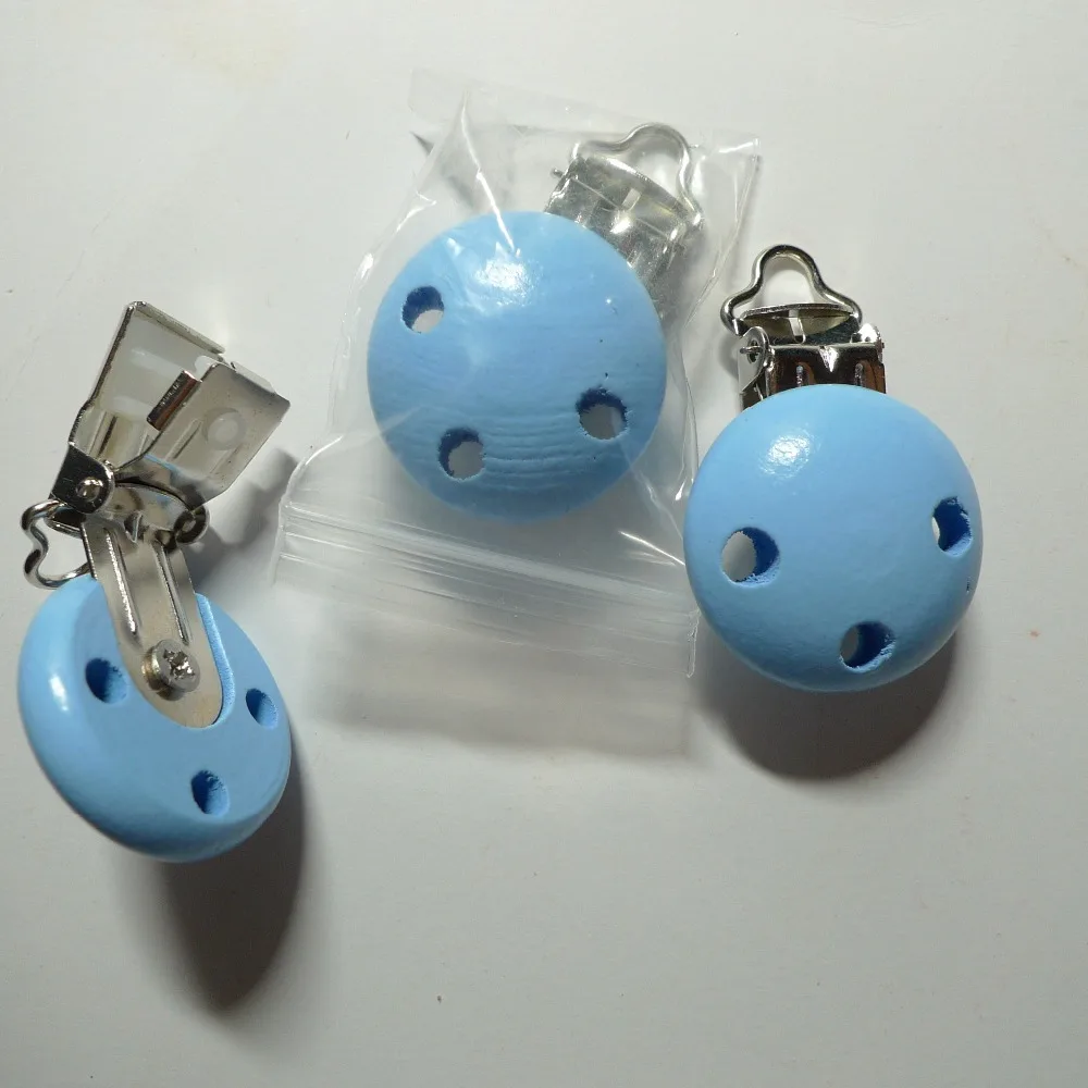 25pcs 14 LIGHT BLUE Solid Wooden Baby Pacifier Clipsin Pacifier from