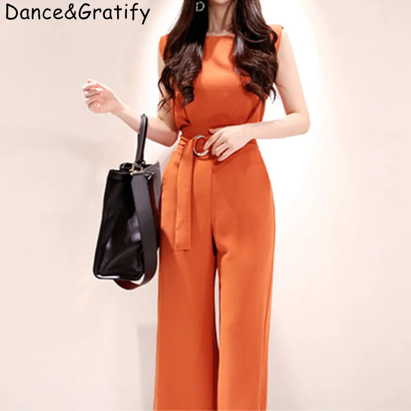 

New 2019 Korean Elegant High Street Jumpsuit Ladies Summer Sleeveless Office Work Wear Straight Jumpsuits