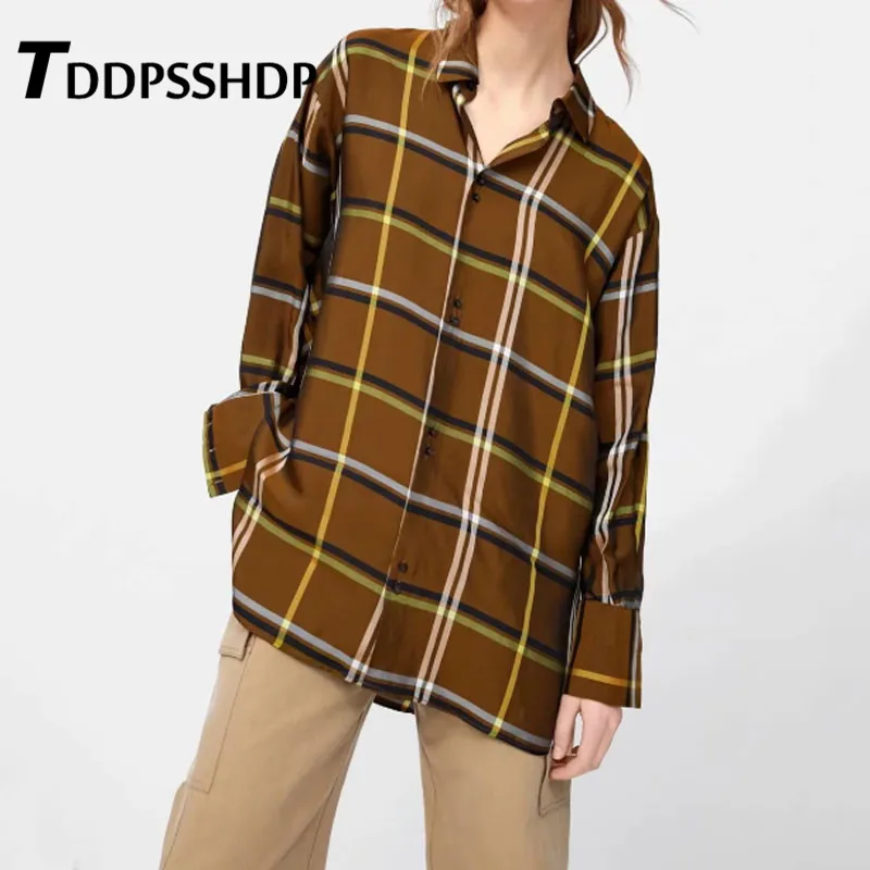 

Brown Color Grid Lapel Female Blouse 2019 New Single Breasted Spring Lapel Hight Street Women Blouses