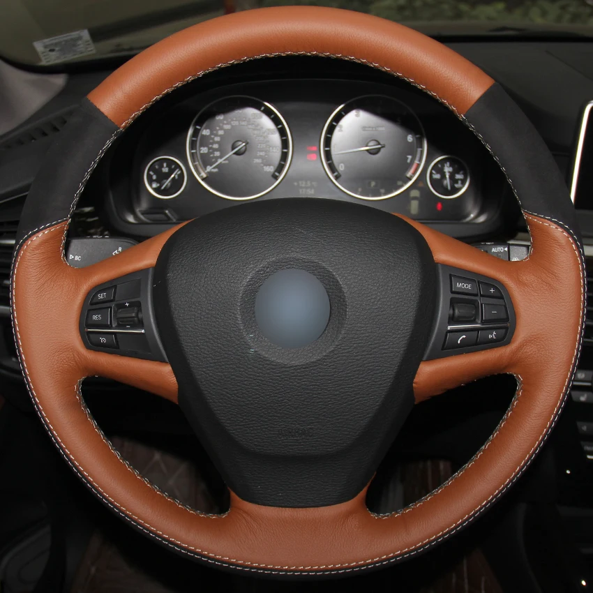 Brown Natural Leather Black Suede Car Steering Wheel Cover for BMW F25