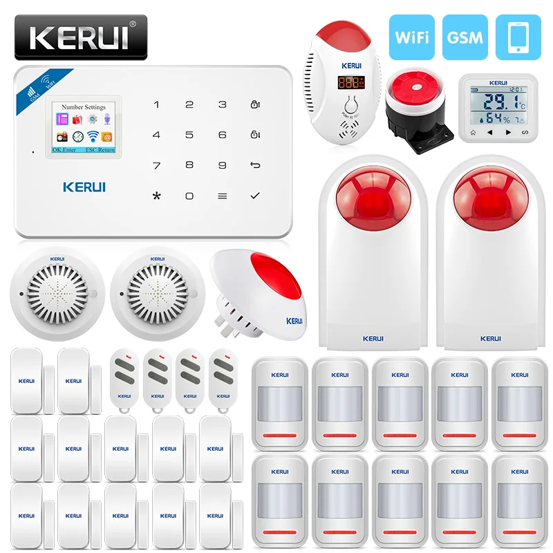 KERUI WIFI GSM Burglar Security Alarm System Smoke Detector SMS APP Control With 10 PIR Motion Detector And 12 Door Sensor KERUI WIFI GSM Burglar Security Alarm System Smoke Detector SMS APP Control With 10 PIR Motion Detector And 12 Door Sensor