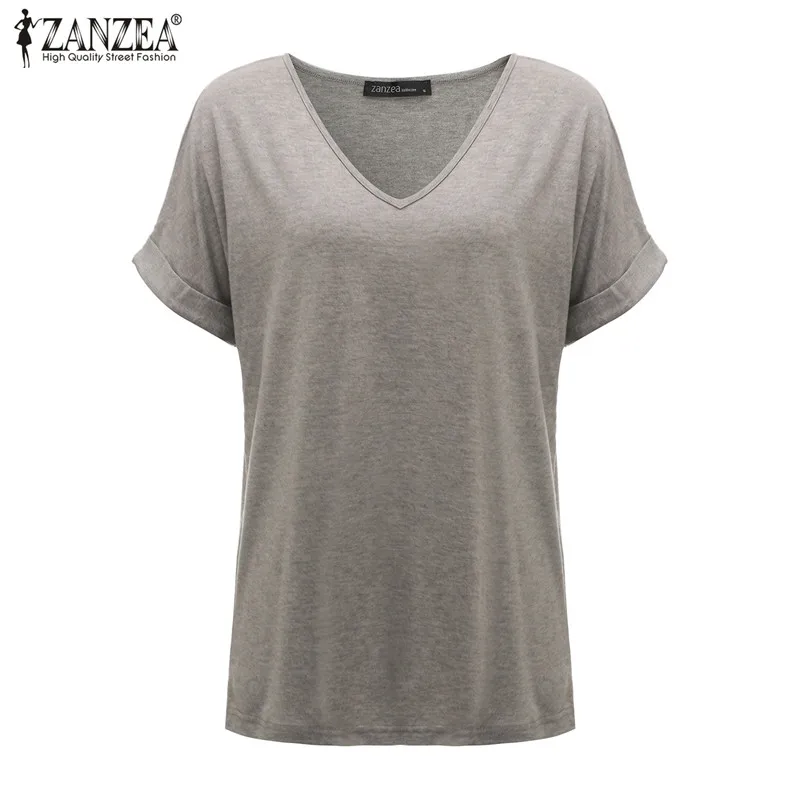 Женская Сексуальная футболка с v-образным вырезом, Zanzea, Летние повседневные свободные топы с коротким рукавом, хлопковые одноцветные пуловеры, футболки размера плюс - Цвет: Gray