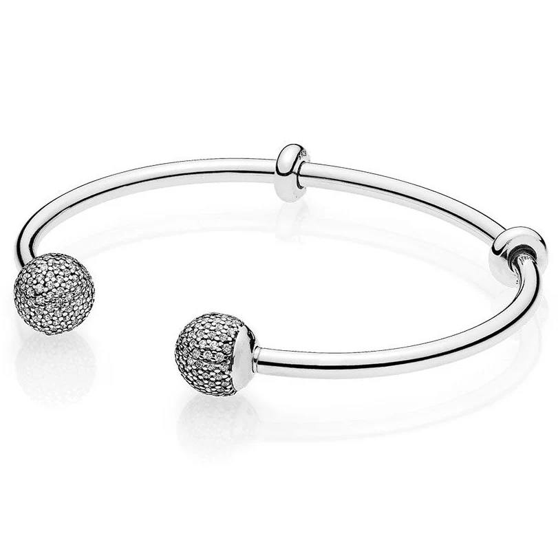 

New MOMENTS Open Bangle Pave Caps WIth Cubic Zirconia Bangle Bracelet Fit Bead Charm 925 Sterling Silver Original Jewelry