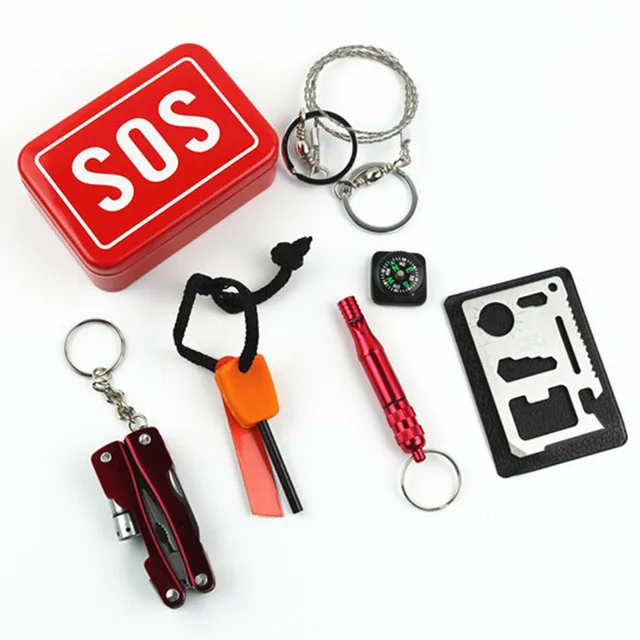 US $7.17 Emergency Camping box selfhelp SOS survival kit Equipment for Camping Hiking saw whistle compass t