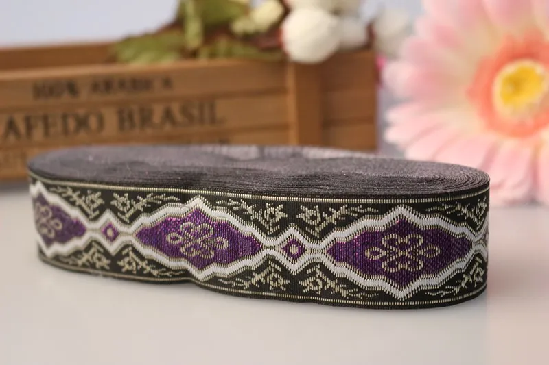

8yards/lot wide 3.2cm Woven Jacquard Ribbon classical Geometric design purple black for curtain and clothing accessory LS-1158