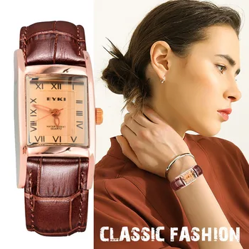 

SINLEERY Elegant Rose Gold Color Rectangle Case Brown Leather Strap Quartz Wrist Watch For Women Lady 10M Waterproof WT003