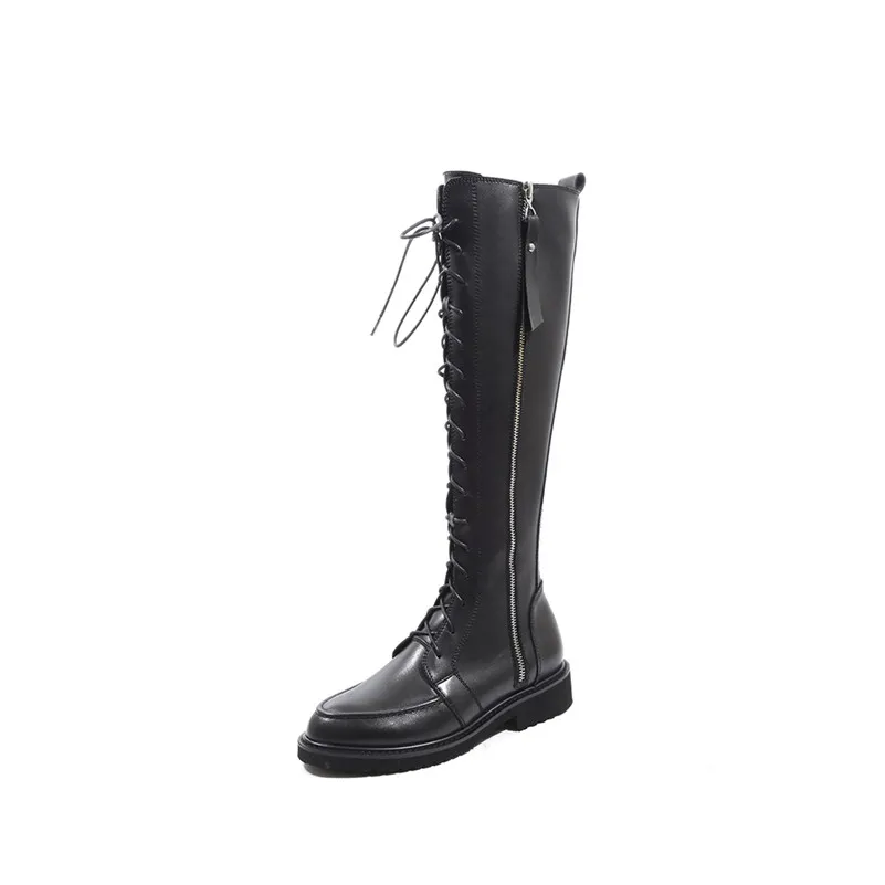 Meotina/зимние сапоги до колена; женские высокие сапоги из натуральной кожи на квадратном каблуке; обувь на молнии с круглым носком; Женская Осенняя обувь; размер 42 - Цвет: Black Velvet Lining