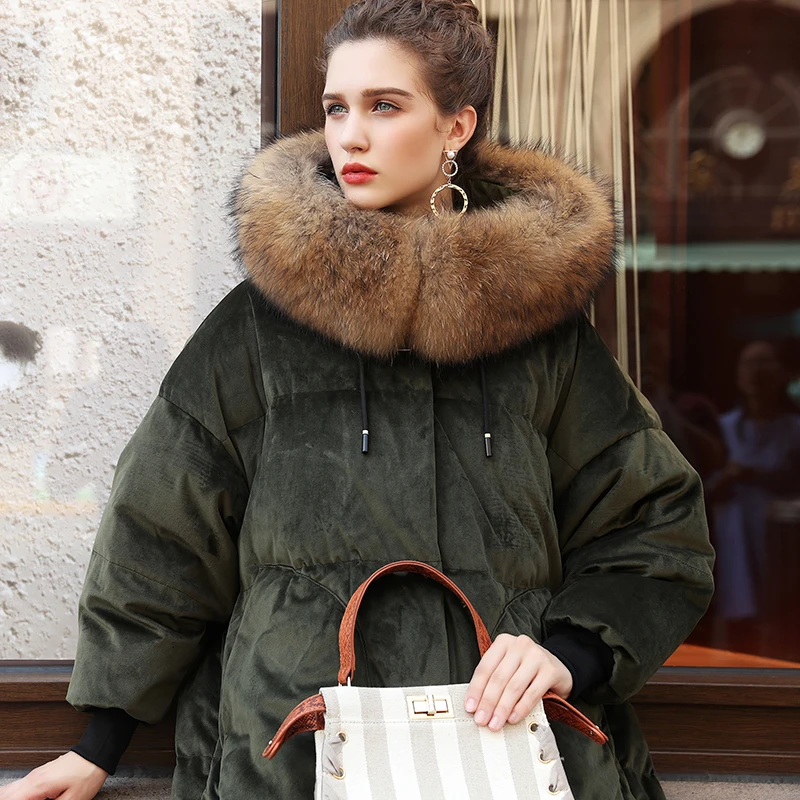 

Women down jackets High quality fashion velvet large fur collar over-the-knee ultra long paragraph down coat women parka
