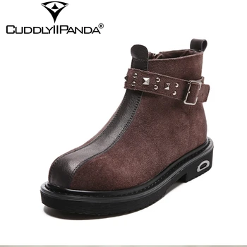 

CuddlyIIPanda 2019 Autumn Rivet Belt Coffee Chelsea Boots Retro Vintage Women Fashion Boots Metal Patchwork Zip Ankle Boots