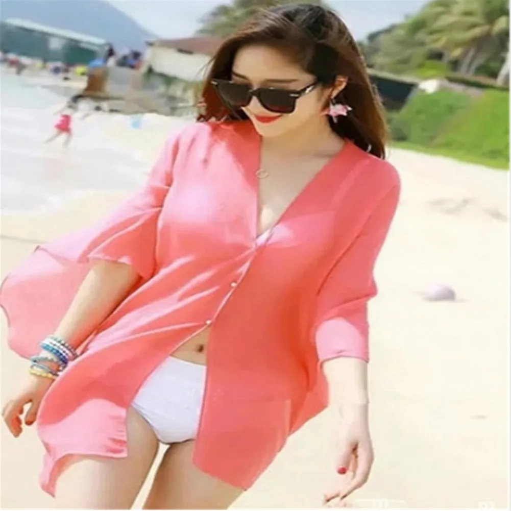 Bikini Cover Up Sexy Summer UK Chiffon Beach Solid Women Swimwear Dress
