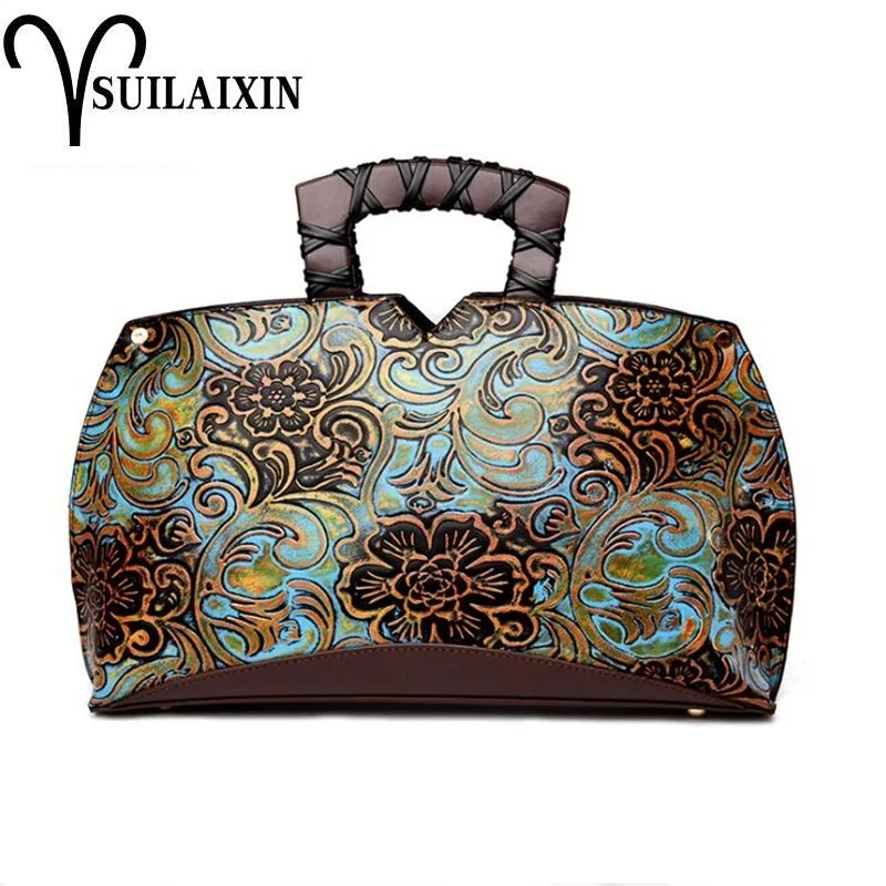 

Women Designer Leather Hobo Bucket Bags Large Embroidery Embossing Printing retro Floral Handbag Luxury Tote Bag High quality
