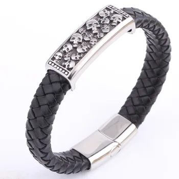 

Genuine Leather Skeleton Skull Stainless Steel Bracelets & Bangles Rock Jewelry Fashion Men's Bracelet