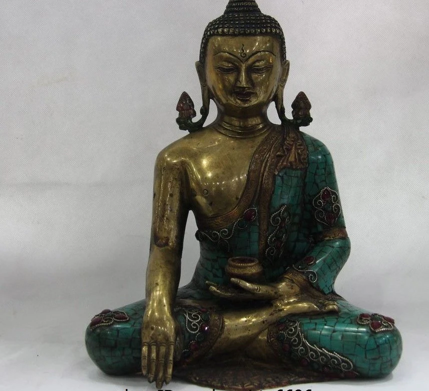 

13 Tibet Copper Gild inlay Turquoise Ruby Gem Sakyamuni Buddha Tathagata Statue
