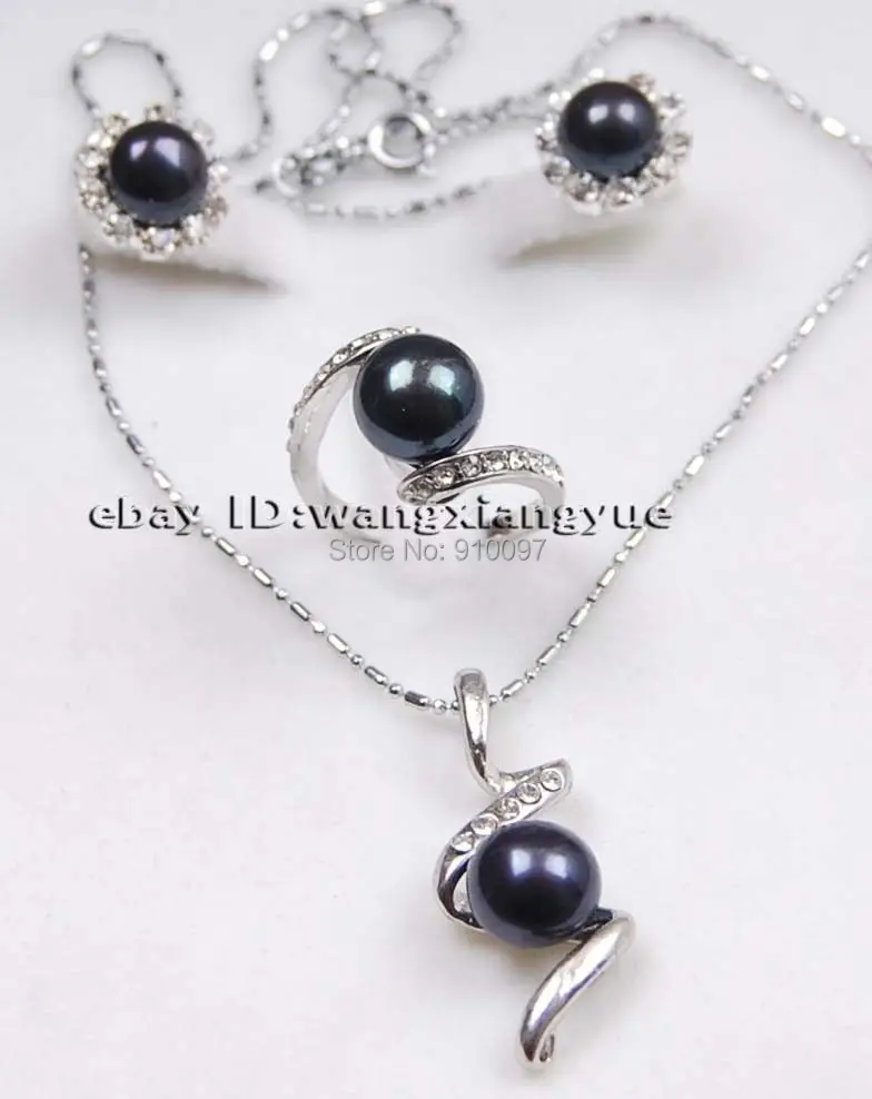 

free shipping >>>Genuine Black Akoya Cultured pearl Earrings /Ring / Necklace Pendant Set AAA