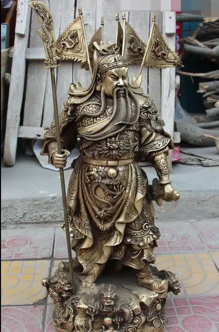 

free 75CM Chinese Bronze 9 Dragon Stand Guan Gong Yu Warrior God Guangong Statue fast
