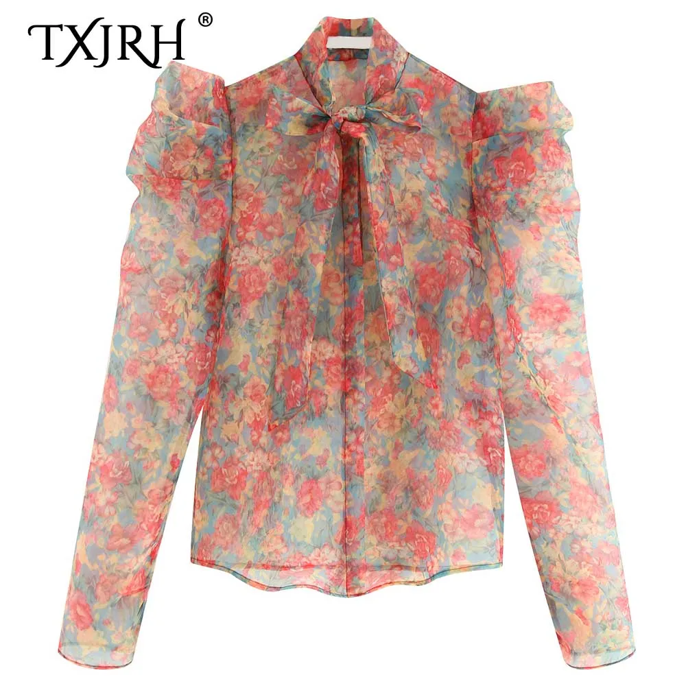 

TXJRH 2019 Vintage Ethnic Floral Print Thin Organza Perspective Shirt Fashion Tied Bow Collar Women Long Puff Sleeve Blouse Tops