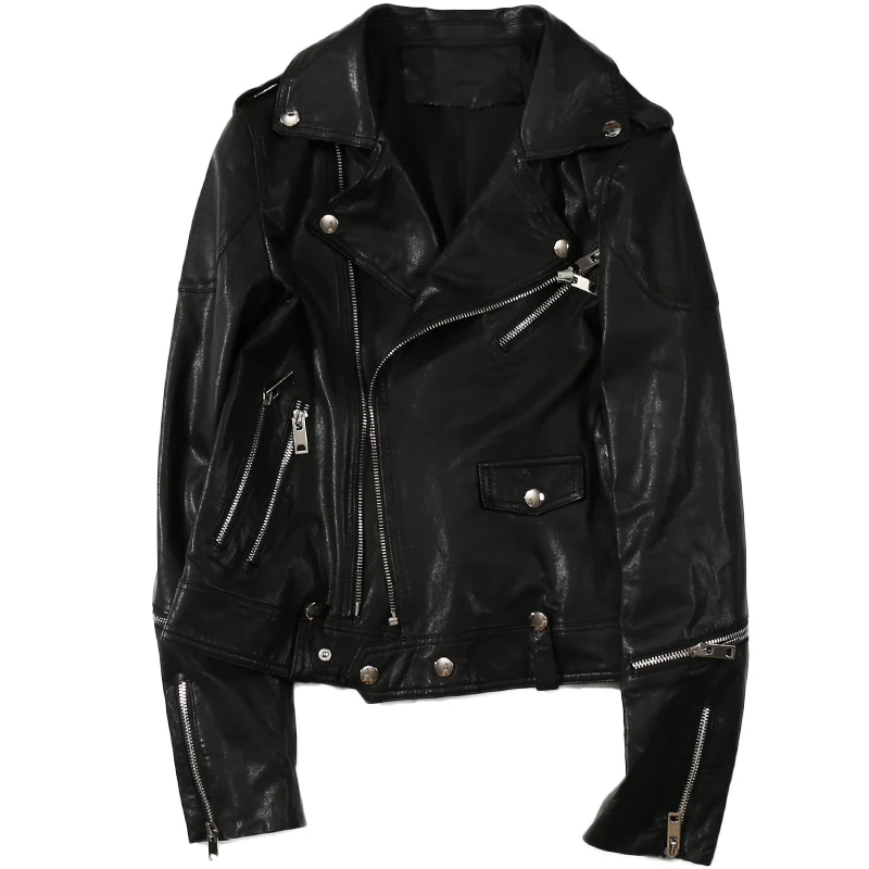 2018 New Arrival Autumn Women Jackets Genuine Leather Black Moto&Biker Short Zipper Lapel Fashion Ladies Real Sheepskin Jackets